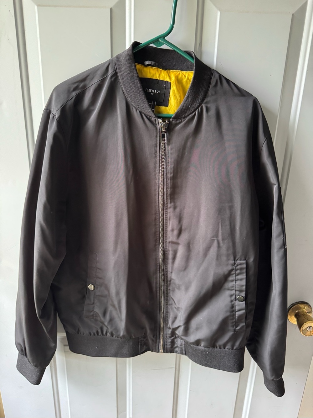 Forever 21 Men's Black Bomber Jacket with Yellow Interior